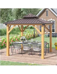 Outsunny 3x(3)M Outdoor Hardtop Gazebo Canopy with 2-Tier Roof and Solid Wood Frame, Outdoor Patio Shelter for Patio, Garden, Br 2