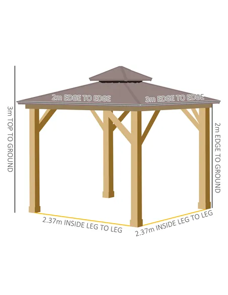 Outsunny 3x(3)M Outdoor Hardtop Gazebo Canopy with 2-Tier Roof and Solid Wood Frame, Outdoor Patio Shelter for Patio, Garden, Br