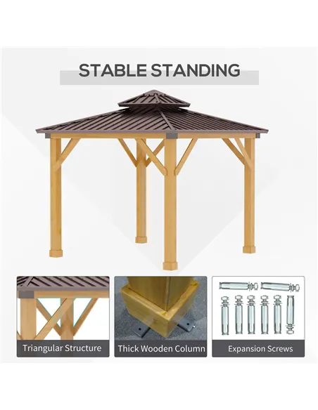 Outsunny 3x(3)M Outdoor Hardtop Gazebo Canopy with 2-Tier Roof and Solid Wood Frame, Outdoor Patio Shelter for Patio, Garden, Br