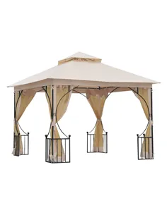 Outsunny 3 x 3(m) Garden Gazebo Patio Party Tent Shelter Outdoor Canopy Double Tier Sun Shade Metal Frame Netting, Beige