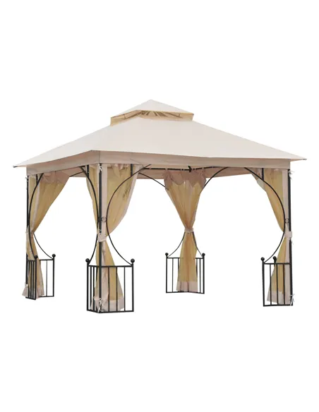 Outsunny 3 x 3(m) Garden Gazebo Patio Party Tent Shelter Outdoor Canopy Double Tier Sun Shade Metal Frame Netting, Beige
