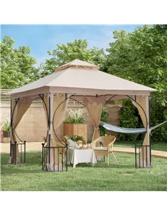 Outsunny 3 x 3(m) Garden Gazebo Patio Party Tent Shelter Outdoor Canopy Double Tier Sun Shade Metal Frame Netting, Beige 2