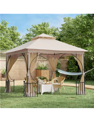 Outsunny 3 x 3(m) Garden Gazebo Patio Party Tent Shelter Outdoor Canopy Double Tier Sun Shade Metal Frame Netting, Beige