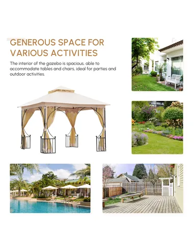 Outsunny 3 x 3(m) Garden Gazebo Patio Party Tent Shelter Outdoor Canopy Double Tier Sun Shade Metal Frame Netting, Beige