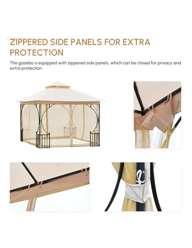 Outsunny 3 x 3(m) Garden Gazebo Patio Party Tent Shelter Outdoor Canopy Double Tier Sun Shade Metal Frame Netting, Beige