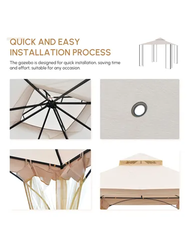 Outsunny 3 x 3(m) Garden Gazebo Patio Party Tent Shelter Outdoor Canopy Double Tier Sun Shade Metal Frame Netting, Beige