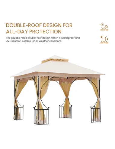 Outsunny 3 x 3(m) Garden Gazebo Patio Party Tent Shelter Outdoor Canopy Double Tier Sun Shade Metal Frame Netting, Beige