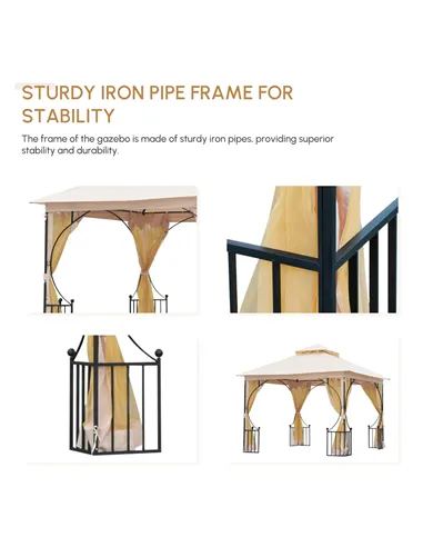 Outsunny 3 x 3(m) Garden Gazebo Patio Party Tent Shelter Outdoor Canopy Double Tier Sun Shade Metal Frame Netting, Beige