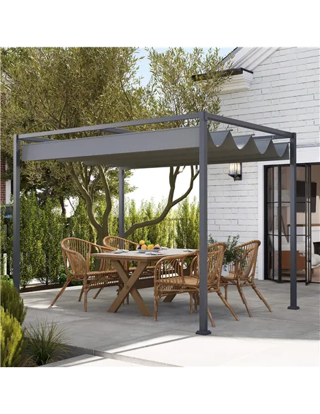 Outsunny 3 x 2m Metal Outdoor Pergola with Retractable Roof, Outdoor Gazebo Canopy Shelter with Drainage Holes for Garden, Patio