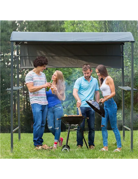 Outsunny 2.2 x 1.4m BBQ Shelter, Outdoor Grill Gazebo Canopy with Shelves, Hanging Hooks, and Metal Frame, for Garden Patio Back