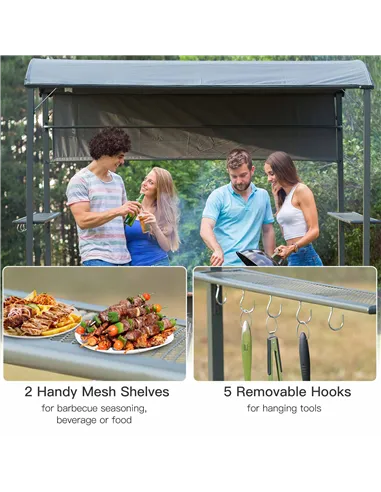 Outsunny 2.2 x 1.4m BBQ Shelter, Outdoor Grill Gazebo Canopy with Shelves, Hanging Hooks, and Metal Frame, for Garden Patio Back