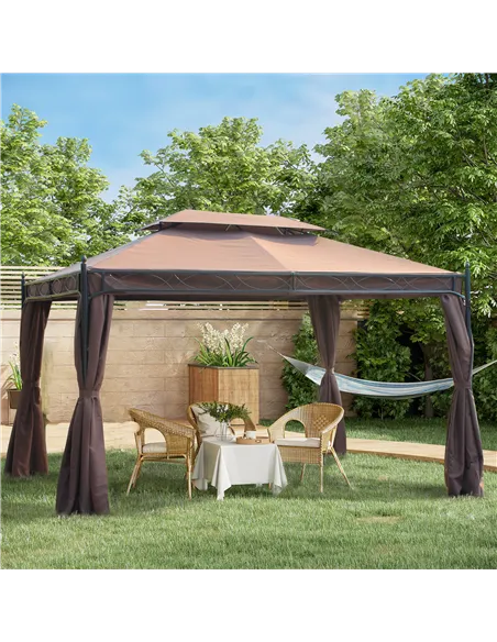 Outsunny 3 x 4m Garden Gazebo, Double Roof Marquee Canopy Shelter with Sidewalls, Solid Steel Frame for Garden, Lawn, Backyard a