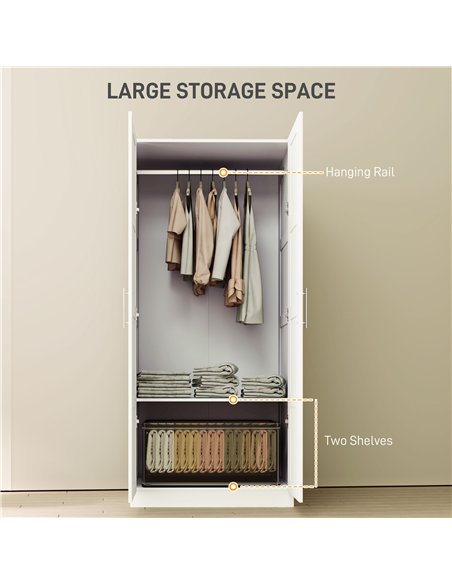 HOMCOM Double Paneled Door Wardrobe, with Shelves - White