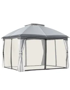 Outsunny 3.7 x 3(m) Metal Gazebo Canopy Party Tent Garden Patio Shelter with Netting Sidewalls & Double Tiered Roof, Grey