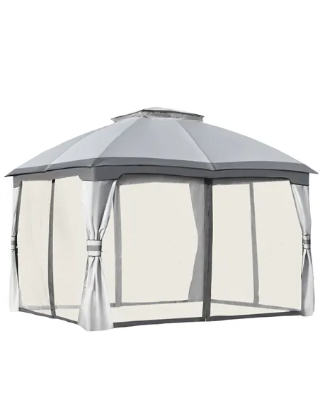Outsunny 3.7 x 3(m) Metal Gazebo Canopy Party Tent Garden Patio Shelter with Netting Sidewalls & Double Tiered Roof, Grey