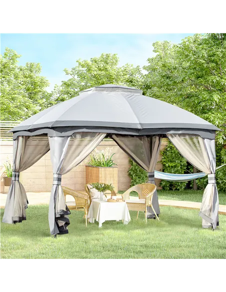 Outsunny 3.7 x 3(m) Metal Gazebo Canopy Party Tent Garden Patio Shelter with Netting Sidewalls & Double Tiered Roof, Grey