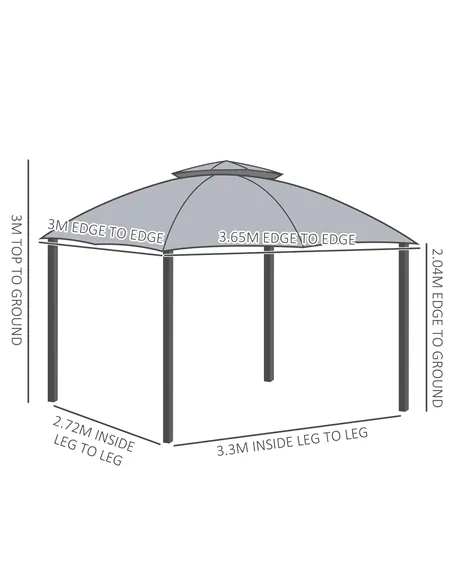 Outsunny 3.7 x 3(m) Metal Gazebo Canopy Party Tent Garden Patio Shelter with Netting Sidewalls & Double Tiered Roof, Grey