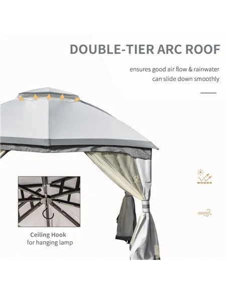 Outsunny 3.7 x 3(m) Metal Gazebo Canopy Party Tent Garden Patio Shelter with Netting Sidewalls & Double Tiered Roof, Grey