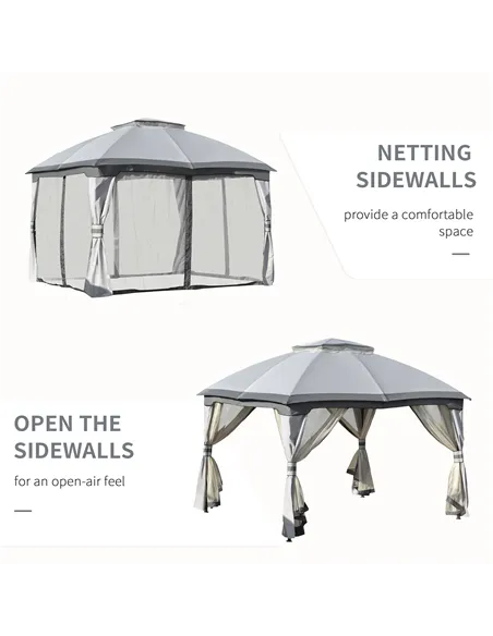 Outsunny 3.7 x 3(m) Metal Gazebo Canopy Party Tent Garden Patio Shelter with Netting Sidewalls & Double Tiered Roof, Grey