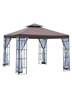 Outsunny 3 x 3(m) Patio Gazebo Canopy Garden Pavilion Tent Shelter with 2 Tier Roof and Mosquito Netting, Steel Frame, Coffee
