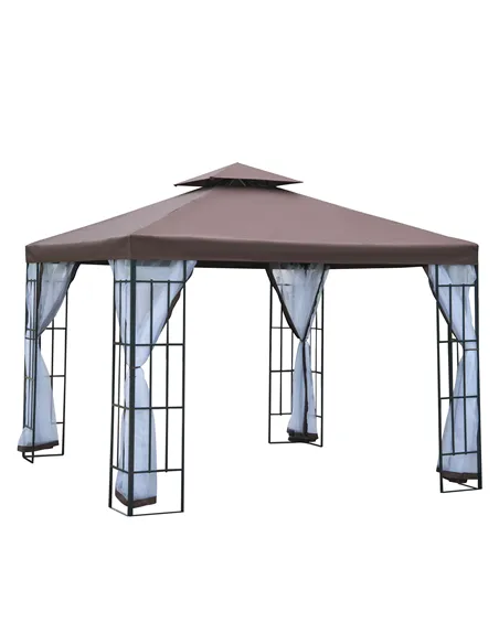 Outsunny 3 x 3(m) Patio Gazebo Canopy Garden Pavilion Tent Shelter with 2 Tier Roof and Mosquito Netting, Steel Frame, Coffee