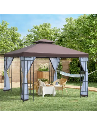 Outsunny 3 x 3(m) Patio Gazebo Canopy Garden Pavilion Tent Shelter with 2 Tier Roof and Mosquito Netting, Steel Frame, Coffee