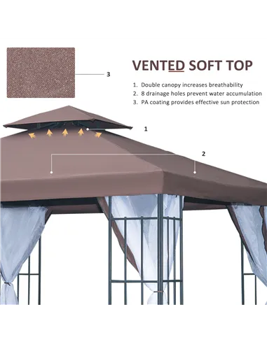 Outsunny 3 x 3(m) Patio Gazebo Canopy Garden Pavilion Tent Shelter with 2 Tier Roof and Mosquito Netting, Steel Frame, Coffee