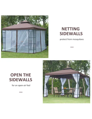 Outsunny 3 x 3(m) Patio Gazebo Canopy Garden Pavilion Tent Shelter with 2 Tier Roof and Mosquito Netting, Steel Frame, Coffee