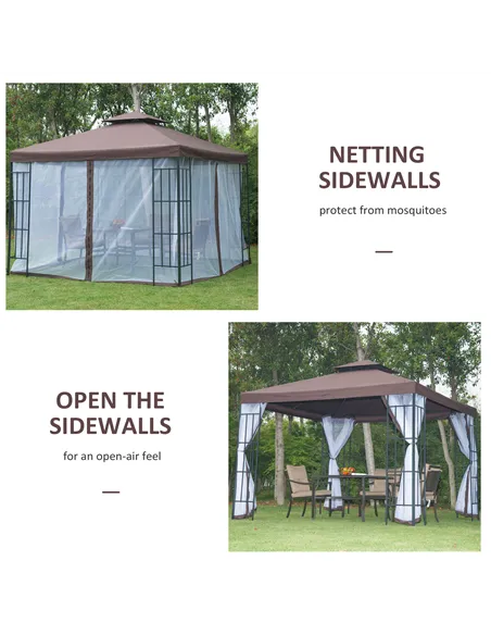 Outsunny 3 x 3(m) Patio Gazebo Canopy Garden Pavilion Tent Shelter with 2 Tier Roof and Mosquito Netting, Steel Frame, Coffee