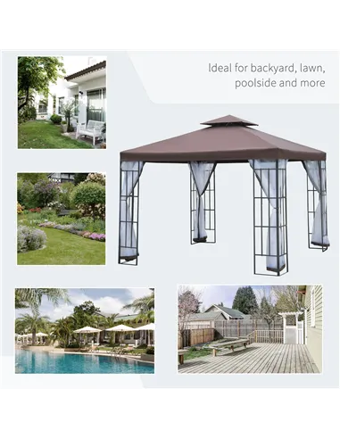 Outsunny 3 x 3(m) Patio Gazebo Canopy Garden Pavilion Tent Shelter with 2 Tier Roof and Mosquito Netting, Steel Frame, Coffee