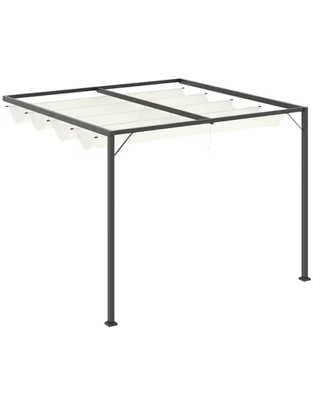 Outsunny 3 x 3(m) Outdoor Lean To Pergola Retractable Canopy Wall Mounted Gazebo Patio Shelter Sun Shade, Cream White
