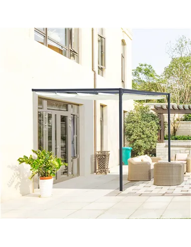 Outsunny 3 x 3(m) Outdoor Lean To Pergola Retractable Canopy Wall Mounted Gazebo Patio Shelter Sun Shade, Cream White