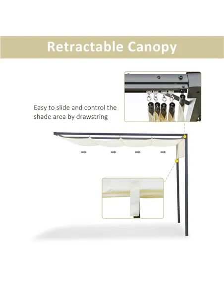 Outsunny 3 x 3(m) Outdoor Lean To Pergola Retractable Canopy Wall Mounted Gazebo Patio Shelter Sun Shade, Cream White