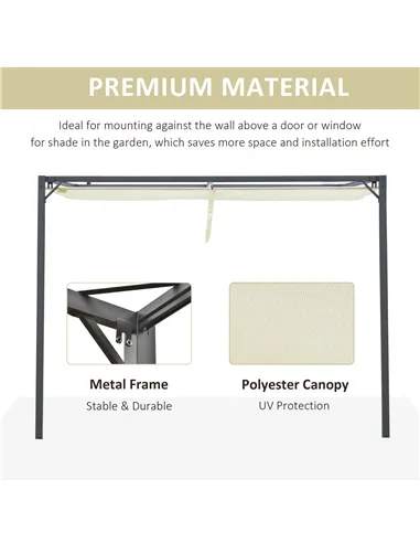 Outsunny 3 x 3(m) Outdoor Lean To Pergola Retractable Canopy Wall Mounted Gazebo Patio Shelter Sun Shade, Cream White