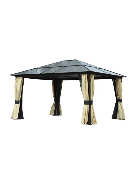 Outsunny 3.6 x 4m Hardtop Gazebo Canopy with Polycarbonate Roof and Aluminium Frame, Garden Pavilion with Mosquito Netting and C