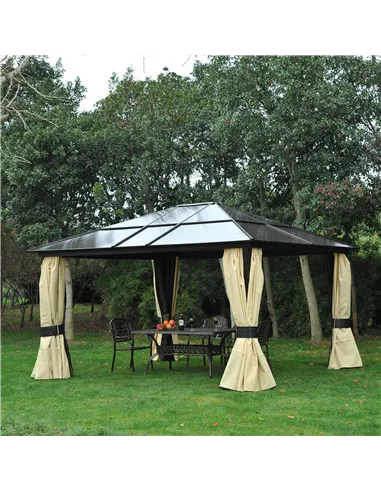 Outsunny 3.6 x 4m Hardtop Gazebo Canopy with Polycarbonate Roof and Aluminium Frame, Garden Pavilion with Mosquito Netting and C