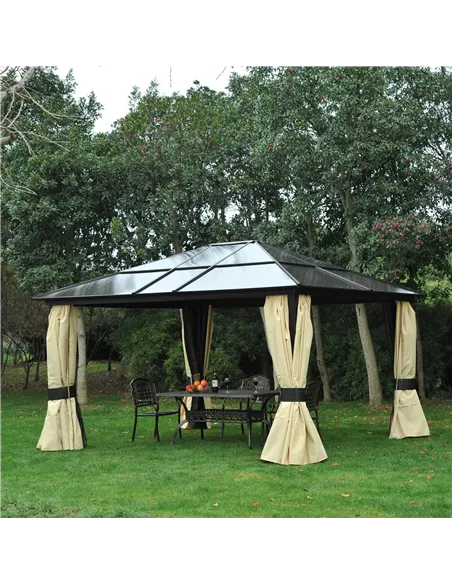 Outsunny 3.6 x 4m Hardtop Gazebo Canopy with Polycarbonate Roof and Aluminium Frame, Garden Pavilion with Mosquito Netting and C