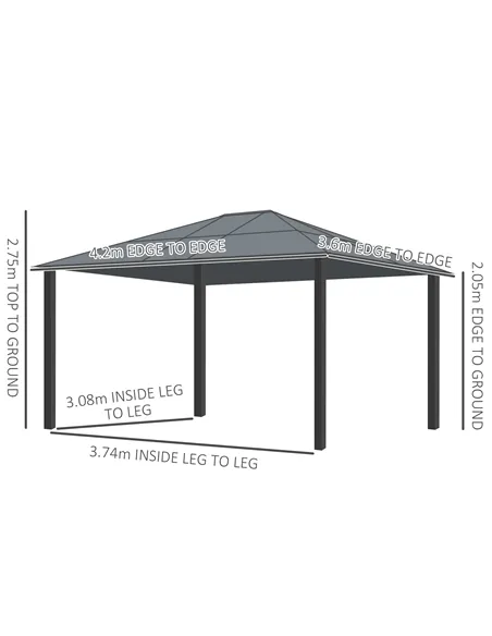 Outsunny 3.6 x 4m Hardtop Gazebo Canopy with Polycarbonate Roof and Aluminium Frame, Garden Pavilion with Mosquito Netting and C