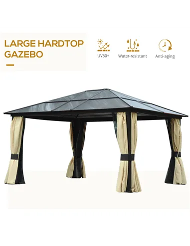 Outsunny 3.6 x 4m Hardtop Gazebo Canopy with Polycarbonate Roof and Aluminium Frame, Garden Pavilion with Mosquito Netting and C