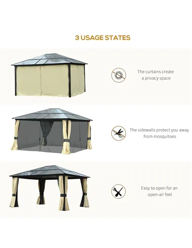 Outsunny 3.6 x 4m Hardtop Gazebo Canopy with Polycarbonate Roof and Aluminium Frame, Garden Pavilion with Mosquito Netting and C