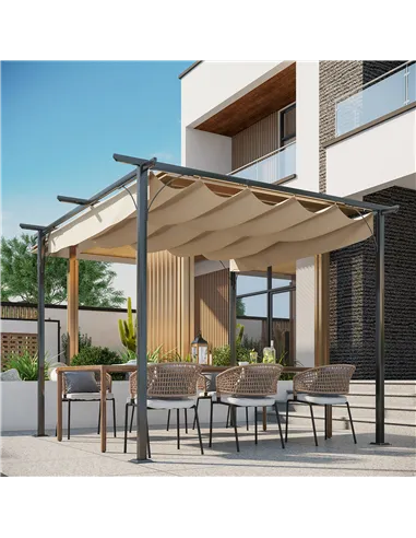 Outsunny 3 x 3(m) Metal Pergola with Retractable Roof, Garden Gazebo Metal Pergola Canopy. Outdoor Sun Shade Shelter for Party B