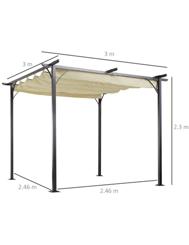 Outsunny 3 x 3(m) Metal Pergola with Retractable Roof, Garden Gazebo Metal Pergola Canopy. Outdoor Sun Shade Shelter for Party B