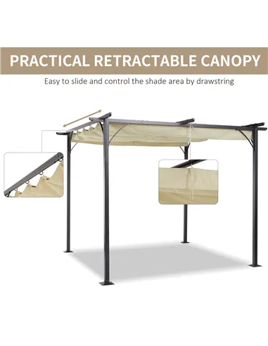 Outsunny 3 x 3(m) Metal Pergola with Retractable Roof, Garden Gazebo Metal Pergola Canopy. Outdoor Sun Shade Shelter for Party B