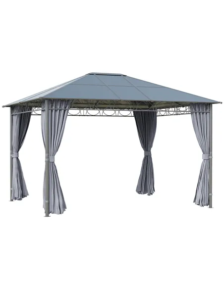 Outsunny 3 x 3.6m Hardtop Gazebo Canopy with Polycarbonate Roof, Permanent Pavilion Garden Gazebo with Curtains for Patio, Deck,