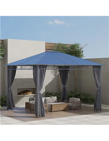 Outsunny 3 x 3.6m Hardtop Gazebo Canopy with Polycarbonate Roof, Permanent Pavilion Garden Gazebo with Curtains for Patio, Deck,