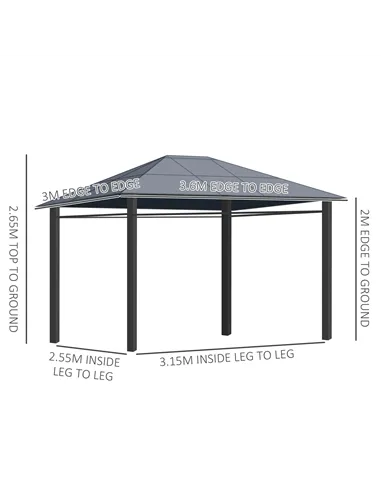 Outsunny 3 x 3.6m Hardtop Gazebo Canopy with Polycarbonate Roof, Permanent Pavilion Garden Gazebo with Curtains for Patio, Deck,