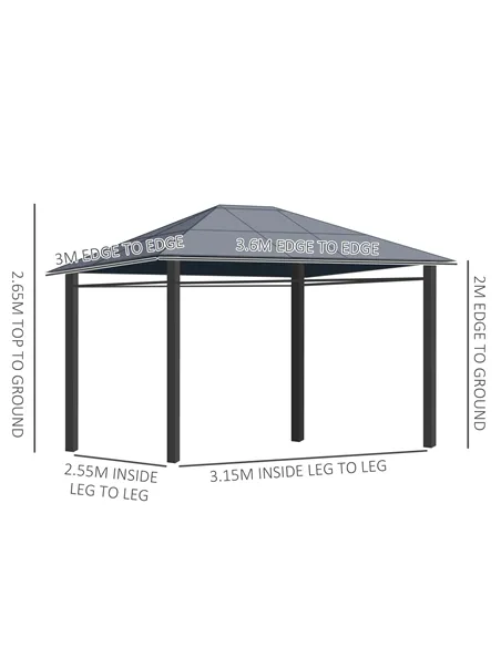 Outsunny 3 x 3.6m Hardtop Gazebo Canopy with Polycarbonate Roof, Permanent Pavilion Garden Gazebo with Curtains for Patio, Deck,