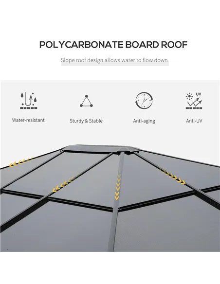 Outsunny 3 x 3.6m Hardtop Gazebo Canopy with Polycarbonate Roof, Permanent Pavilion Garden Gazebo with Curtains for Patio, Deck,