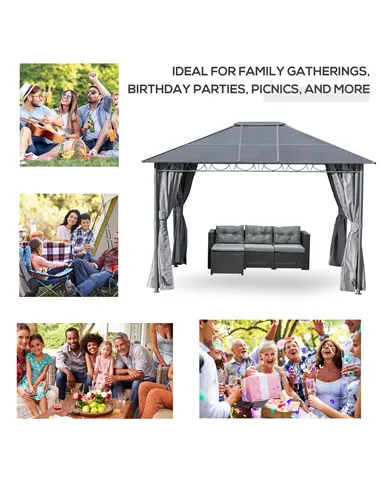 Outsunny 3 x 3.6m Hardtop Gazebo Canopy with Polycarbonate Roof, Permanent Pavilion Garden Gazebo with Curtains for Patio, Deck,