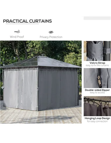 Outsunny 3 x 3.6m Hardtop Gazebo Canopy with Polycarbonate Roof, Permanent Pavilion Garden Gazebo with Curtains for Patio, Deck,